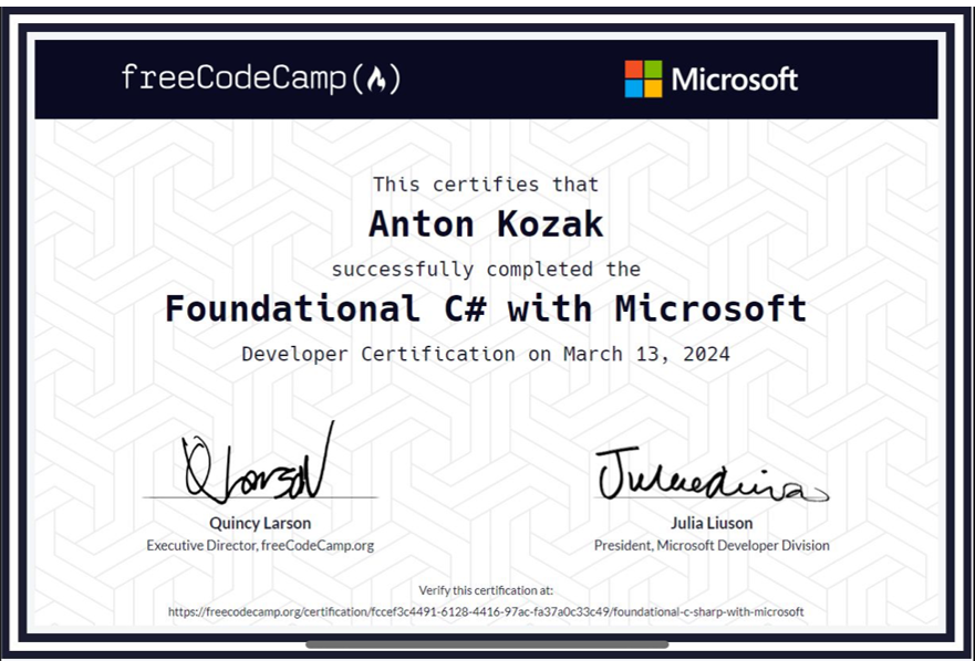 Certification from Microsoft